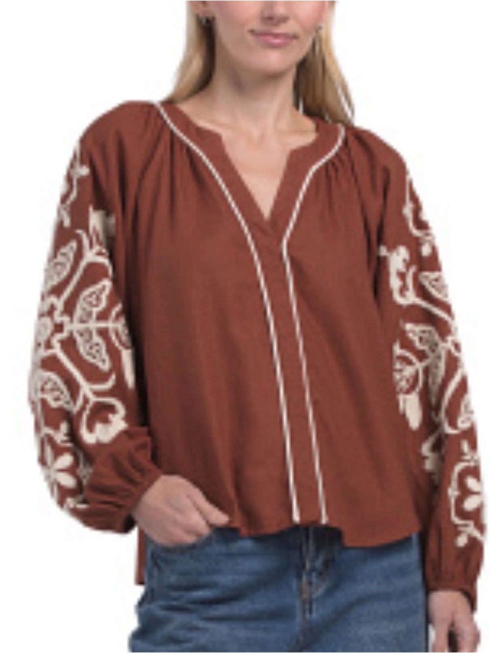NWT Magaschoni Rust Peasant Blouse with Ivory Embroidery